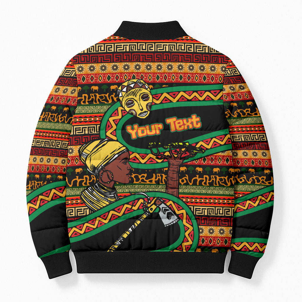 Personalized African 60th Birthday Bomber Puffer Jacket Traditional Tribal Pattern Elephant Mask Art