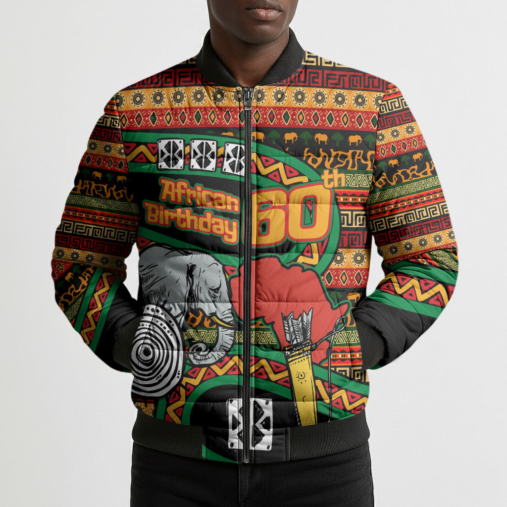 Personalized African 60th Birthday Bomber Puffer Jacket Traditional Tribal Pattern Elephant Mask Art