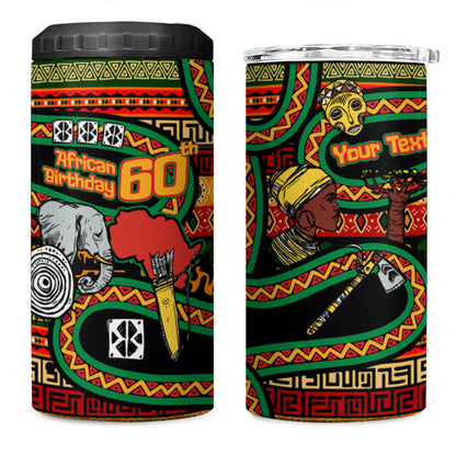 Personalized African 60th Birthday 4 in 1 Can Cooler Tumbler Traditional Tribal Pattern Elephant Mask Art