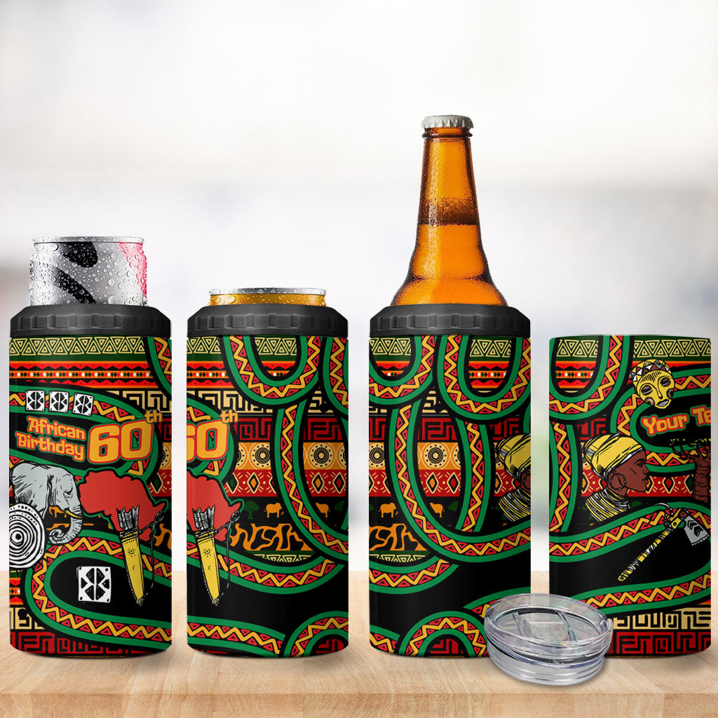 Personalized African 60th Birthday 4 in 1 Can Cooler Tumbler Traditional Tribal Pattern Elephant Mask Art