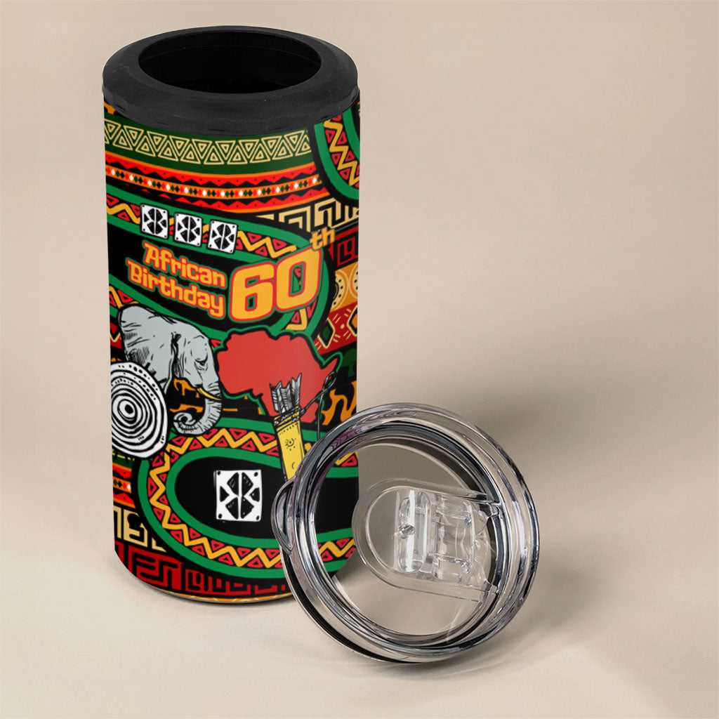 Personalized African 60th Birthday 4 in 1 Can Cooler Tumbler Traditional Tribal Pattern Elephant Mask Art