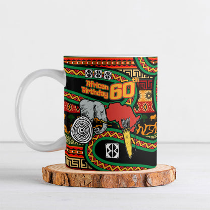 Personalized African 60th Birthday Ceramic Mug Traditional Tribal Pattern Elephant Mask Art