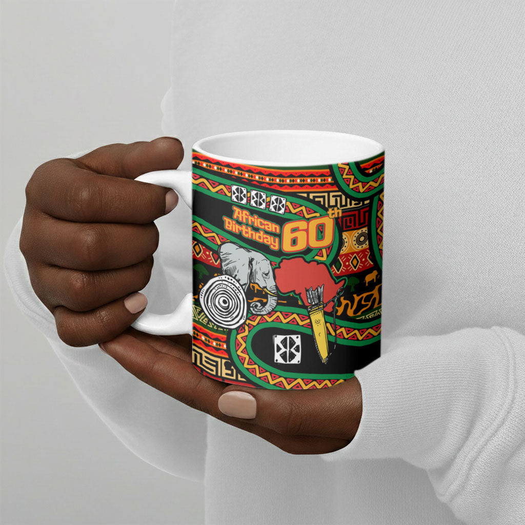 Personalized African 60th Birthday Ceramic Mug Traditional Tribal Pattern Elephant Mask Art