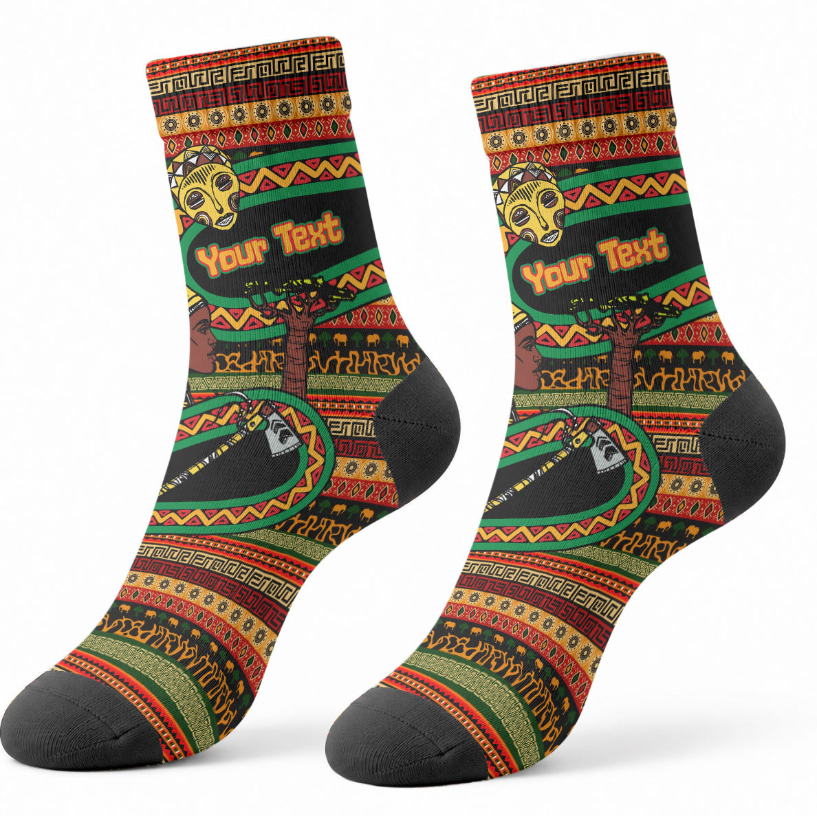 Personalized African 60th Birthday Crew Socks Traditional Tribal Pattern Elephant Mask Art