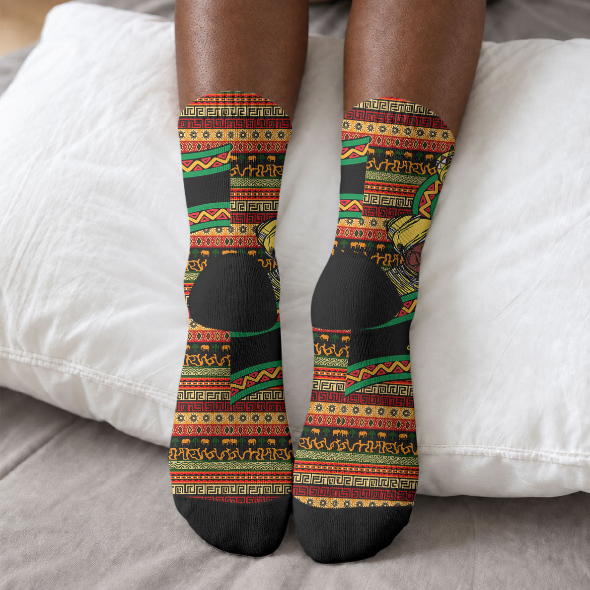 Personalized African 60th Birthday Crew Socks Traditional Tribal Pattern Elephant Mask Art