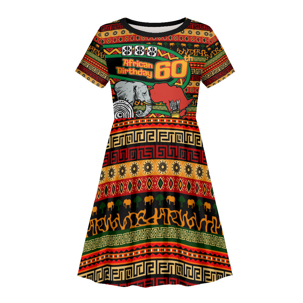 Personalized African 60th Birthday Kid Short Sleeve Dress Traditional Tribal Pattern Elephant Mask Art