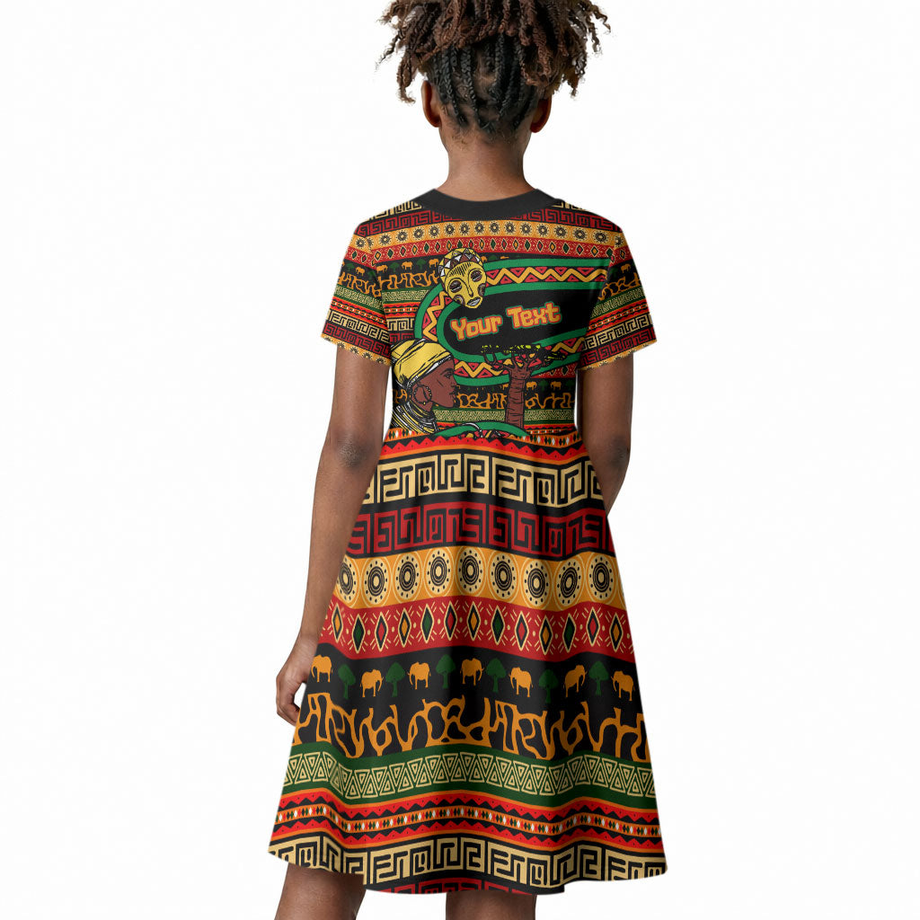 Personalized African 60th Birthday Kid Short Sleeve Dress Traditional Tribal Pattern Elephant Mask Art