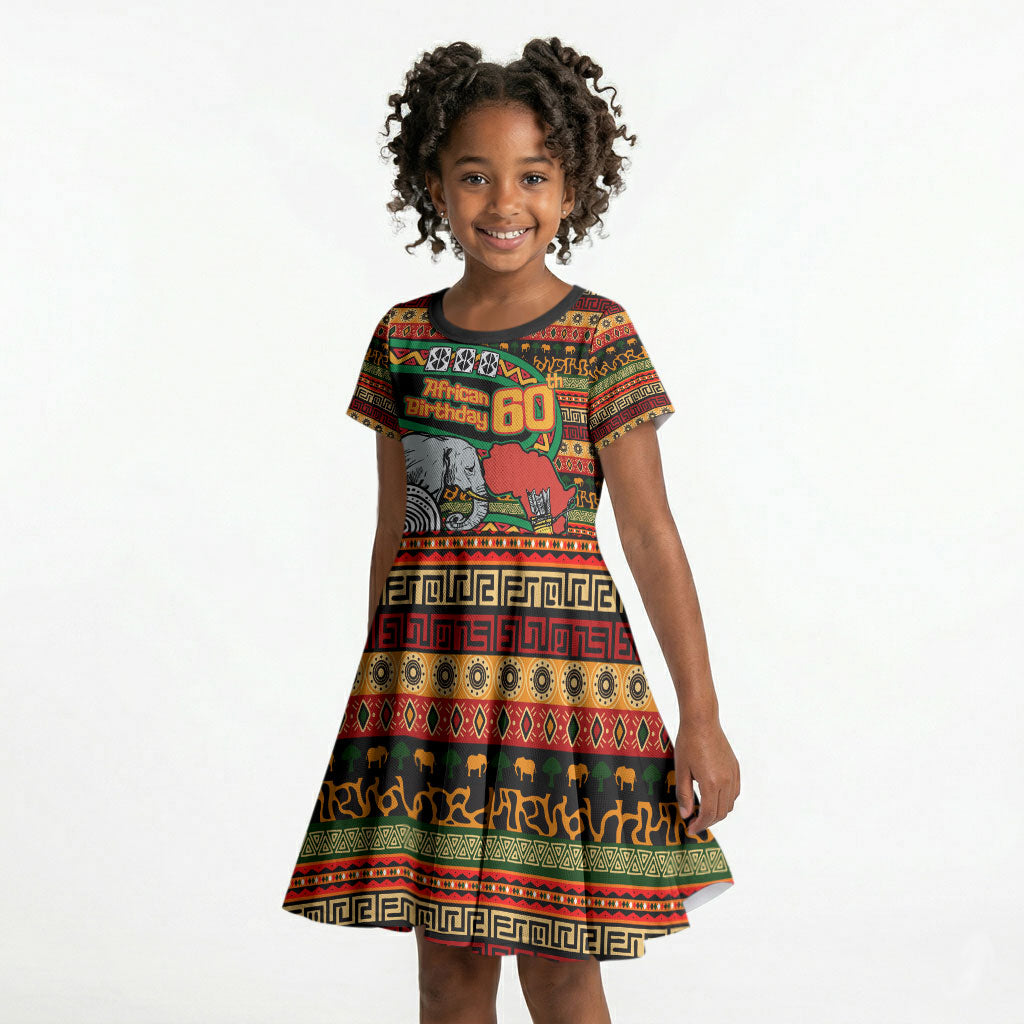 Personalized African 60th Birthday Kid Short Sleeve Dress Traditional Tribal Pattern Elephant Mask Art
