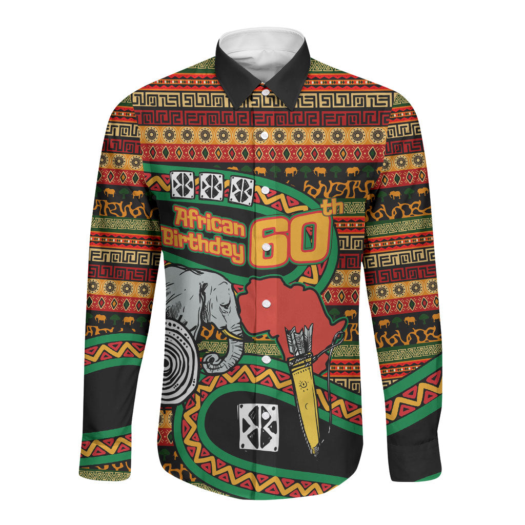 Personalized African 60th Birthday Long Sleeve Button Shirt Traditional Tribal Pattern Elephant Mask Art