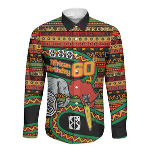 Personalized African 60th Birthday Long Sleeve Button Shirt Traditional Tribal Pattern Elephant Mask Art