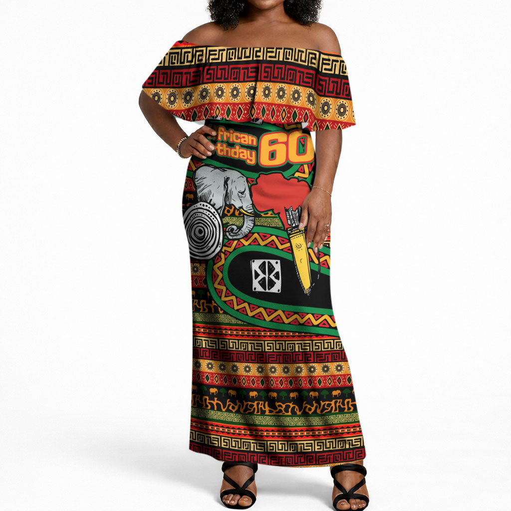 Personalized African 60th Birthday Off Shoulder Maxi Dress Traditional Tribal Pattern Elephant Mask Art