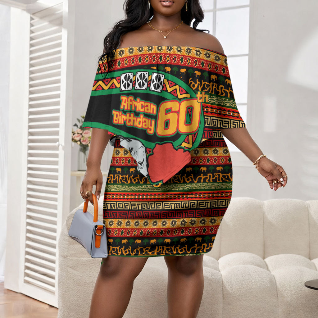 Personalized African 60th Birthday Off Shoulder Short Dress Traditional Tribal Pattern Elephant Mask Art