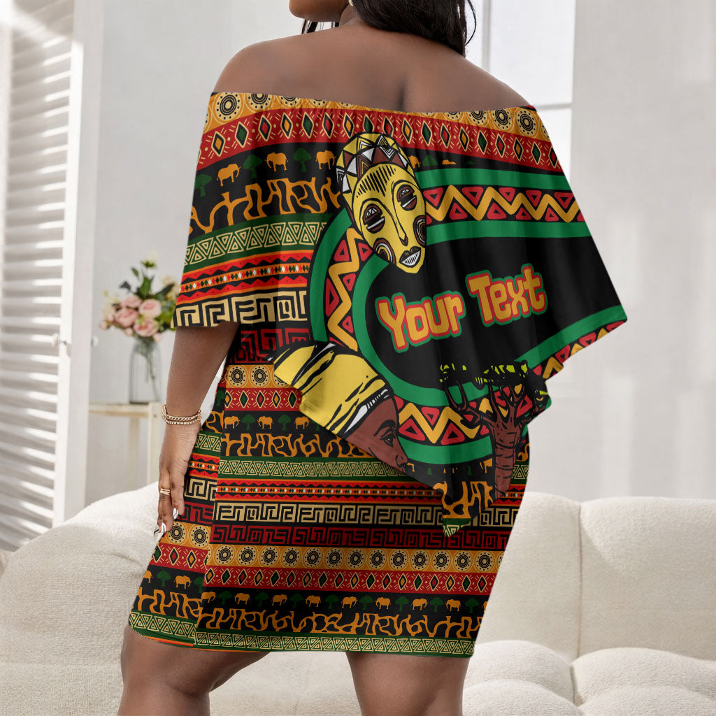 Personalized African 60th Birthday Off Shoulder Short Dress Traditional Tribal Pattern Elephant Mask Art