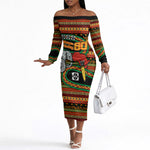 Personalized African 60th Birthday Off The Shoulder Long Sleeve Dress Traditional Tribal Pattern Elephant Mask Art
