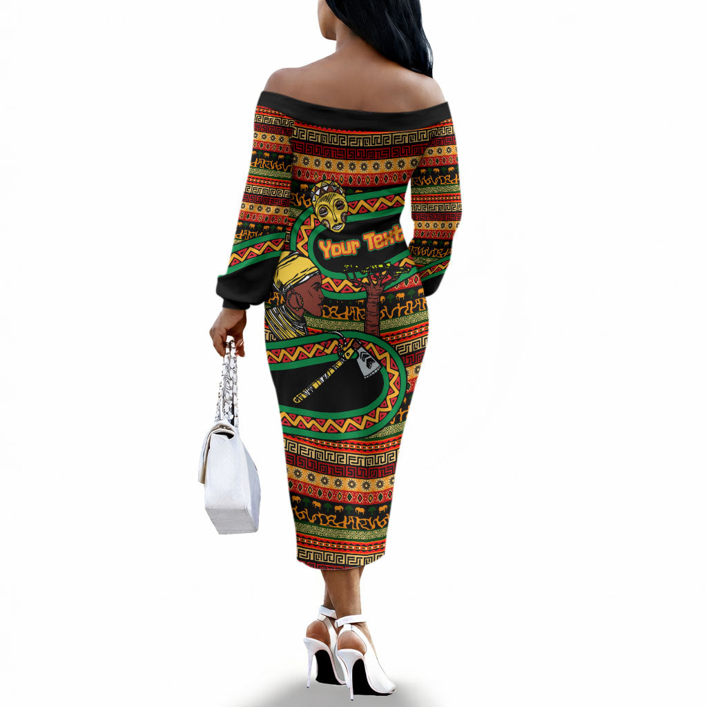 Personalized African 60th Birthday Off The Shoulder Long Sleeve Dress Traditional Tribal Pattern Elephant Mask Art