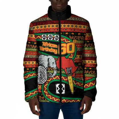 Personalized African 60th Birthday Padded Jacket Traditional Tribal Pattern Elephant Mask Art