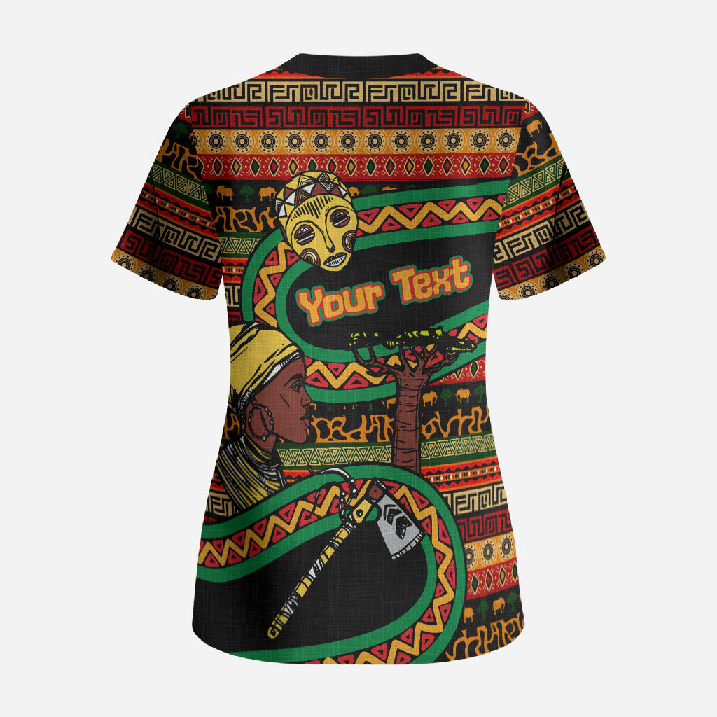 Personalized African 60th Birthday Scrub Top Traditional Tribal Pattern Elephant Mask Art