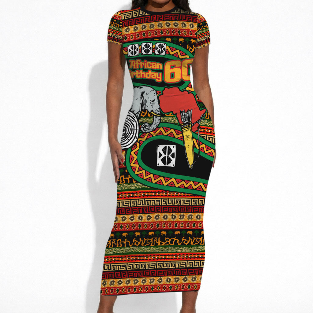 Personalized African 60th Birthday Short Sleeve Bodycon Dress Traditional Tribal Pattern Elephant Mask Art
