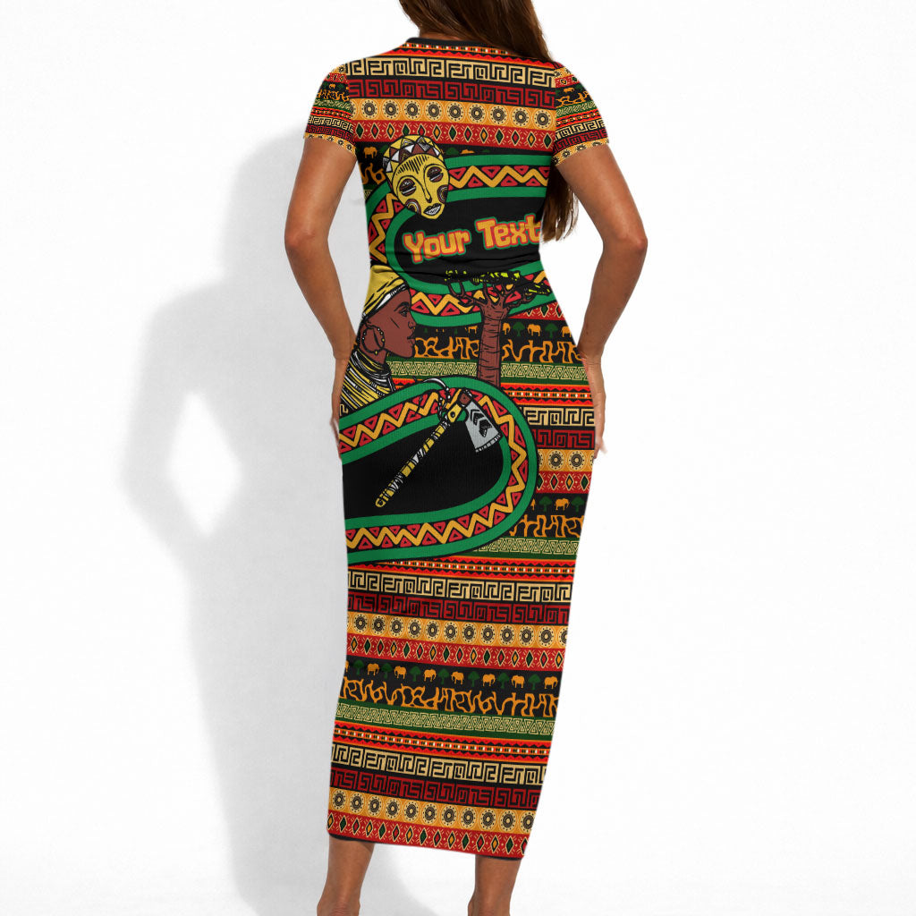 Personalized African 60th Birthday Short Sleeve Bodycon Dress Traditional Tribal Pattern Elephant Mask Art