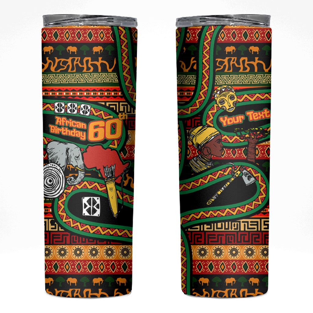 Personalized African 60th Birthday Skinny Tumbler Traditional Tribal Pattern Elephant Mask Art