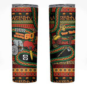 Personalized African 60th Birthday Skinny Tumbler Traditional Tribal Pattern Elephant Mask Art