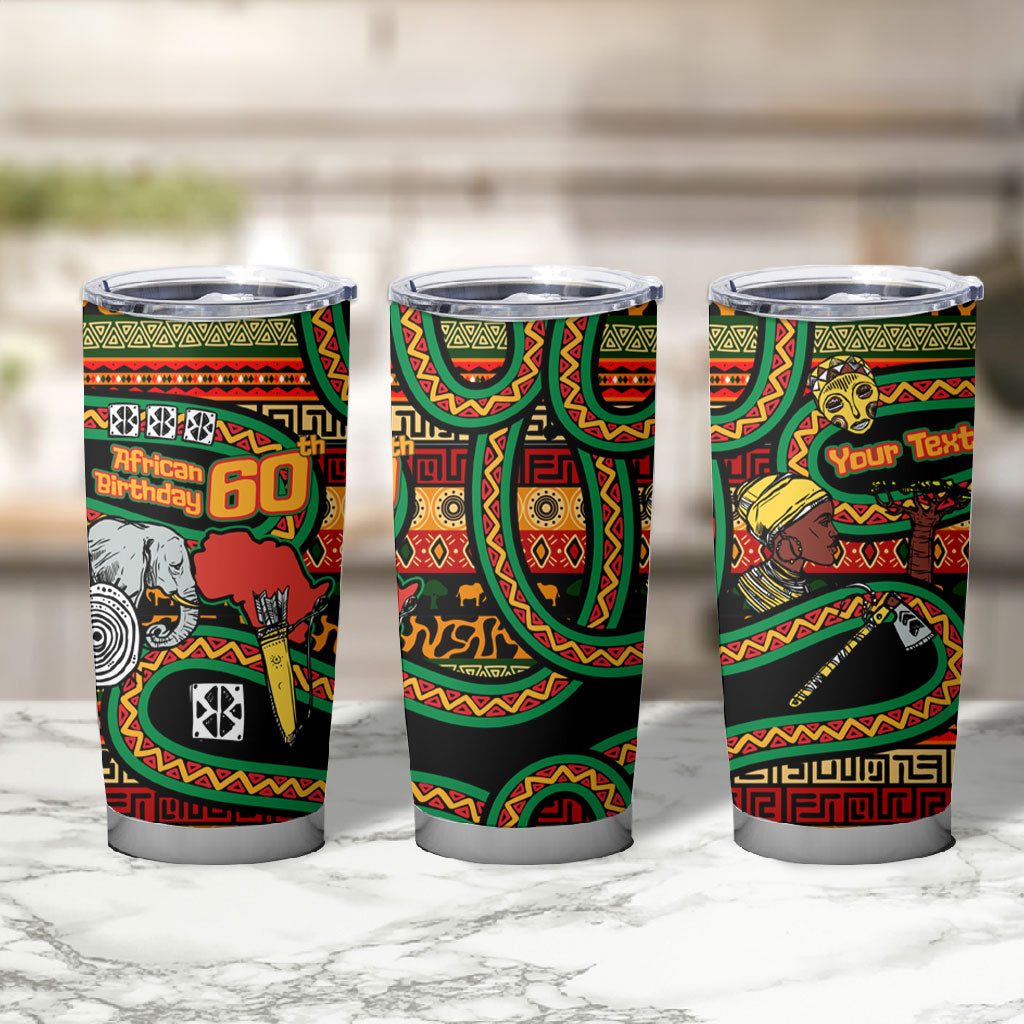 Personalized African 60th Birthday Tumbler Cup Traditional Tribal Pattern Elephant Mask Art