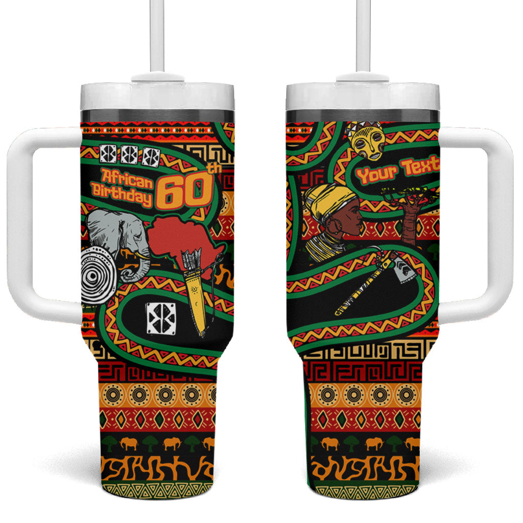Personalized African 60th Birthday Tumbler With Handle Traditional Tribal Pattern Elephant Mask Art