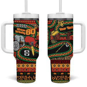 Personalized African 60th Birthday Tumbler With Handle Traditional Tribal Pattern Elephant Mask Art