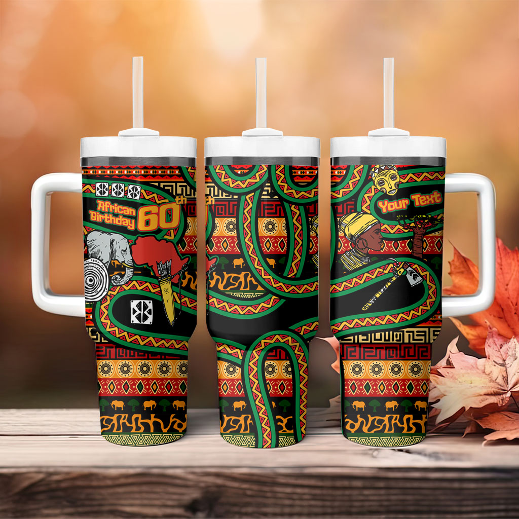Personalized African 60th Birthday Tumbler With Handle Traditional Tribal Pattern Elephant Mask Art