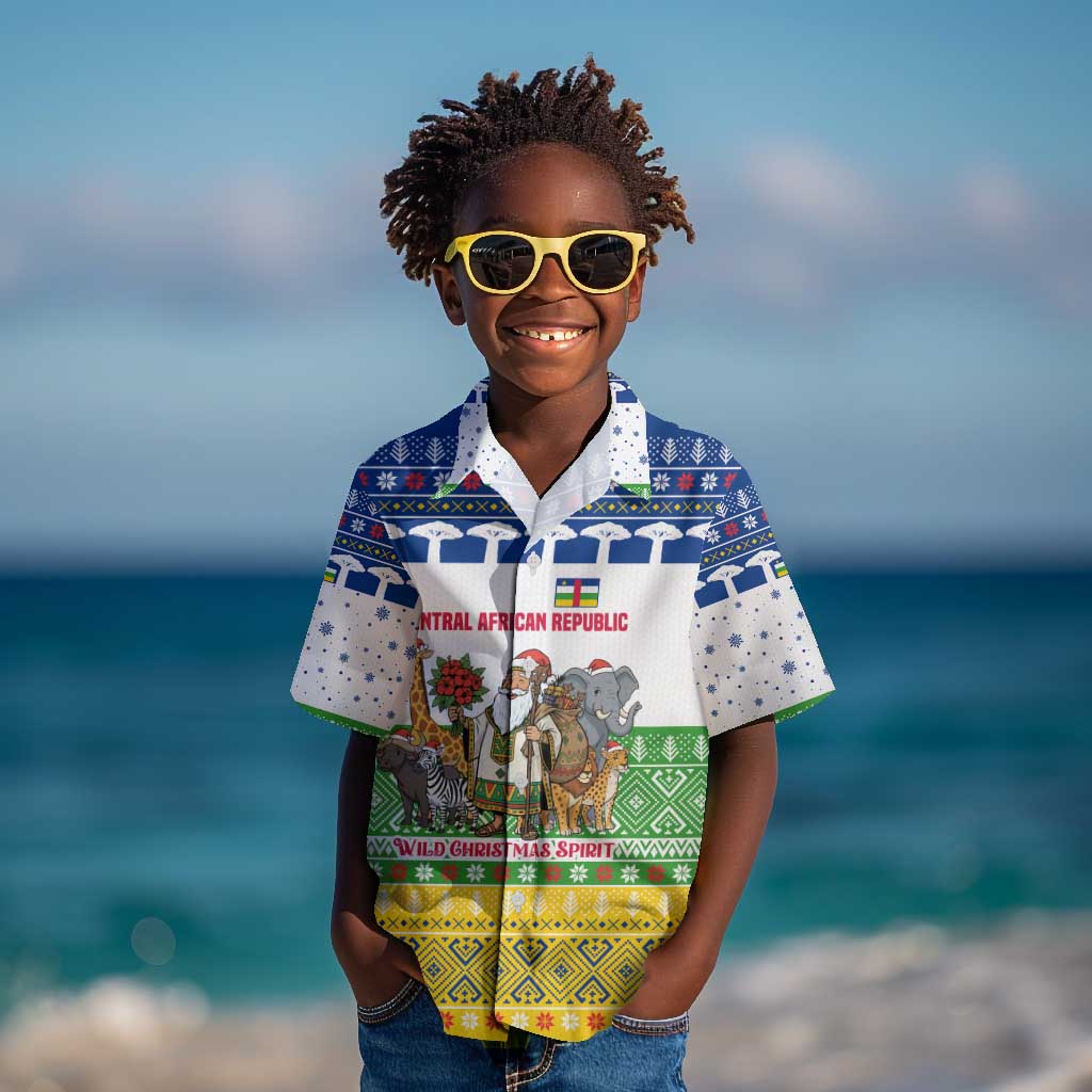 Central African Republic Christmas Kid Hawaiian Shirt Santa and Safari Animals Baobab Trees Snowflakes - African Pride