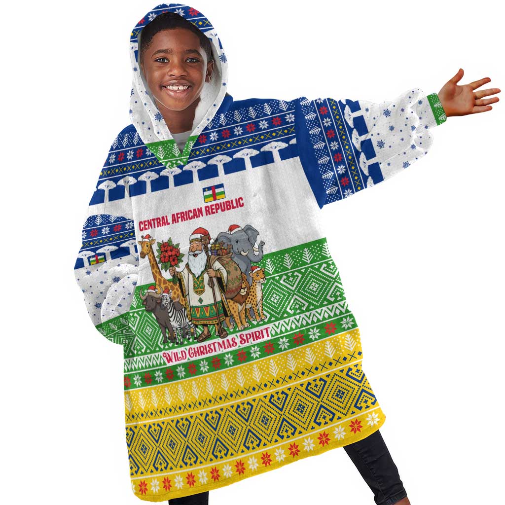 Central African Republic Christmas Kid Wearable Blanket Hoodie Santa and Safari Animals Baobab Trees Snowflakes - African Pride
