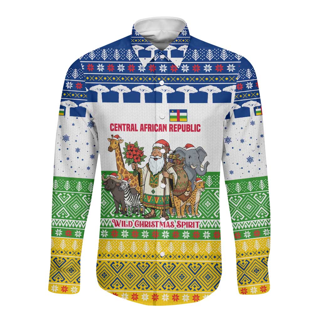 Central African Republic Christmas Long Sleeve Button Shirt Santa and Safari Animals Baobab Trees Snowflakes - African Pride