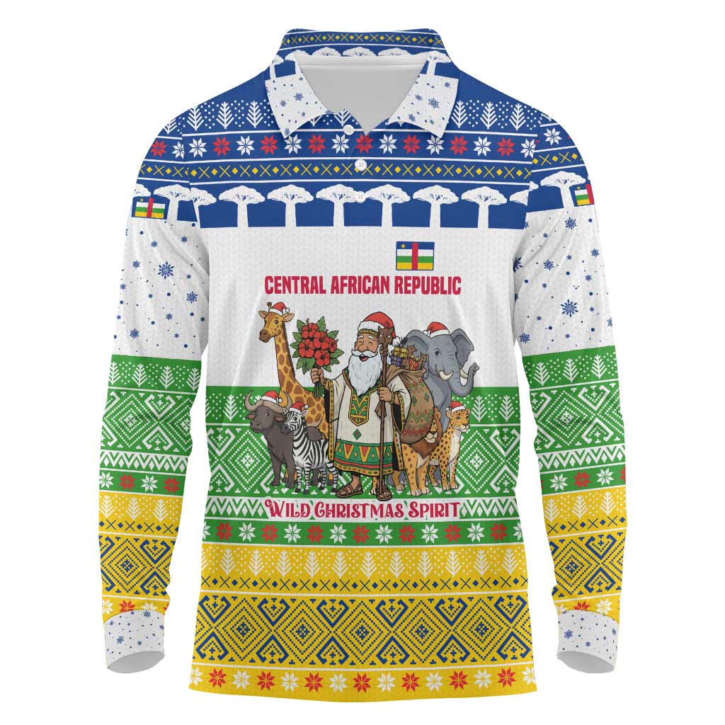 Central African Republic Christmas Long Sleeve Polo Shirt Santa and Safari Animals Baobab Trees Snowflakes - African Pride