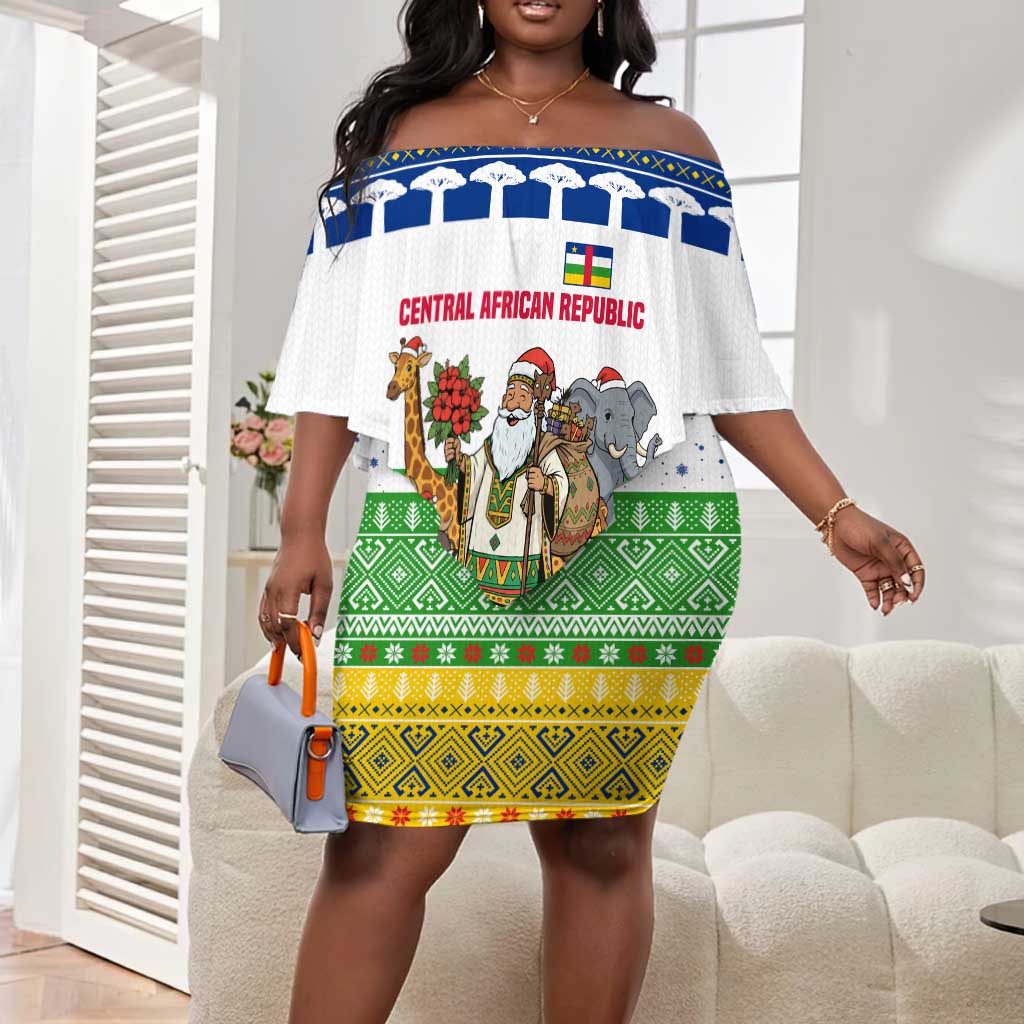 Central African Republic Christmas Off Shoulder Short Dress Santa and Safari Animals Baobab Trees Snowflakes - African Pride