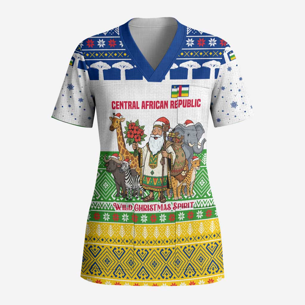 Central African Republic Christmas Scrub Top Santa and Safari Animals Baobab Trees Snowflakes - African Pride