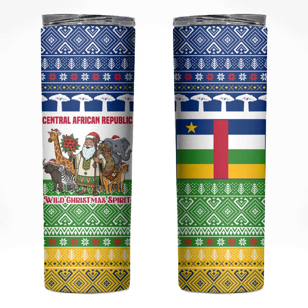 Central African Republic Christmas Skinny Tumbler Santa and Safari Animals Baobab Trees Snowflakes - African Pride