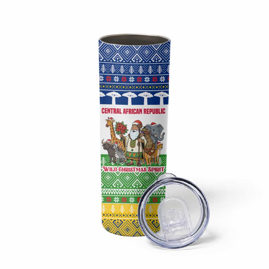 Central African Republic Christmas Skinny Tumbler Santa and Safari Animals Baobab Trees Snowflakes - African Pride