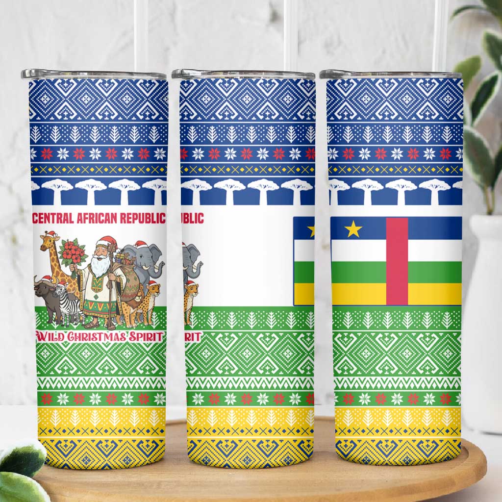 Central African Republic Christmas Skinny Tumbler Santa and Safari Animals Baobab Trees Snowflakes - African Pride