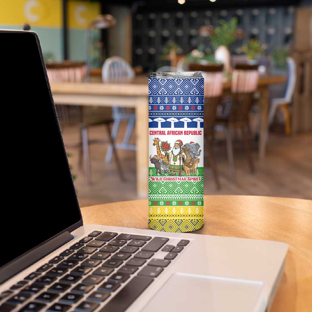 Central African Republic Christmas Skinny Tumbler Santa and Safari Animals Baobab Trees Snowflakes - African Pride