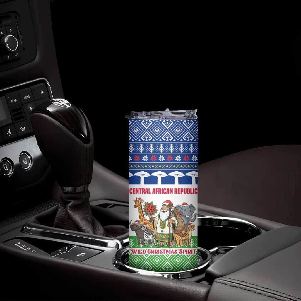 Central African Republic Christmas Skinny Tumbler Santa and Safari Animals Baobab Trees Snowflakes - African Pride