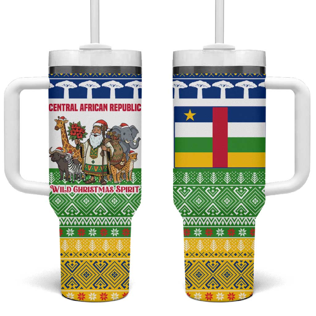 Central African Republic Christmas Tumbler With Handle Santa and Safari Animals Baobab Trees Snowflakes - African Pride