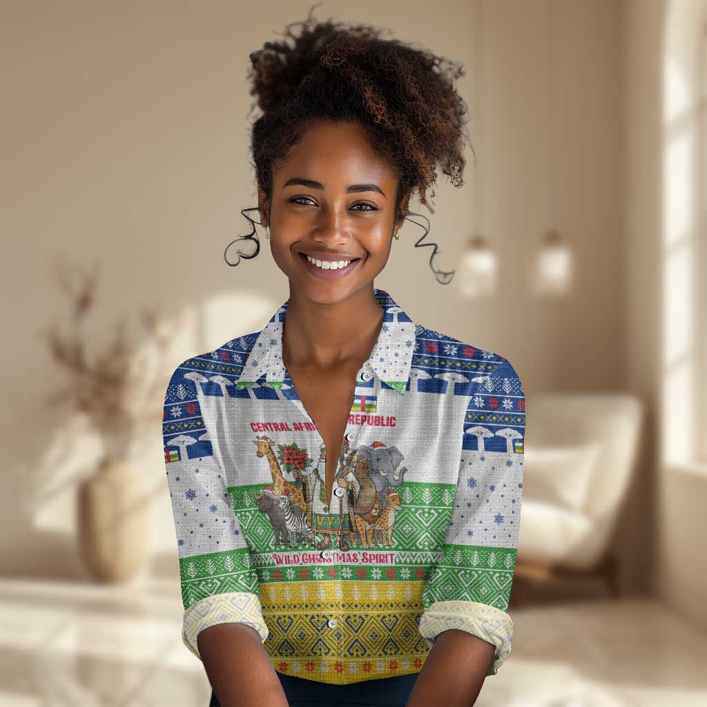 Central African Republic Christmas Women Casual Shirt Santa and Safari Animals Baobab Trees Snowflakes - African Pride
