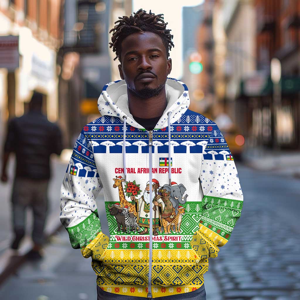 Central African Republic Christmas Zip Hoodie Santa and Safari Animals Baobab Trees Snowflakes - African Pride