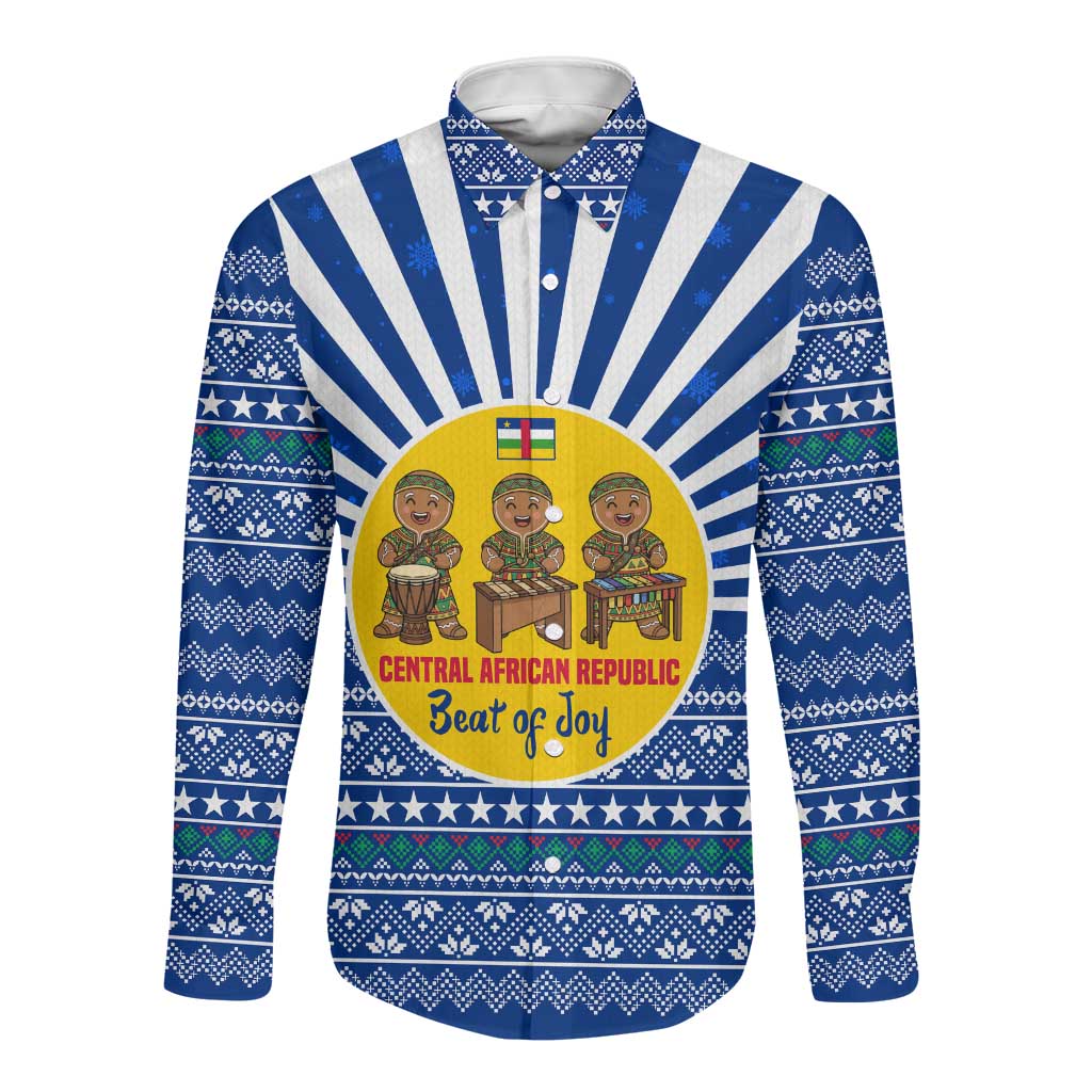 Central African Republic Christmas Long Sleeve Button Shirt Drumming Beat of Joy Tribal Pattern and Snowflakes - African Pride