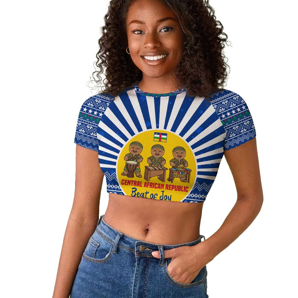 Central African Republic Christmas Raglan Cropped T shirt Drumming Beat of Joy Tribal Pattern and Snowflakes - African Pride