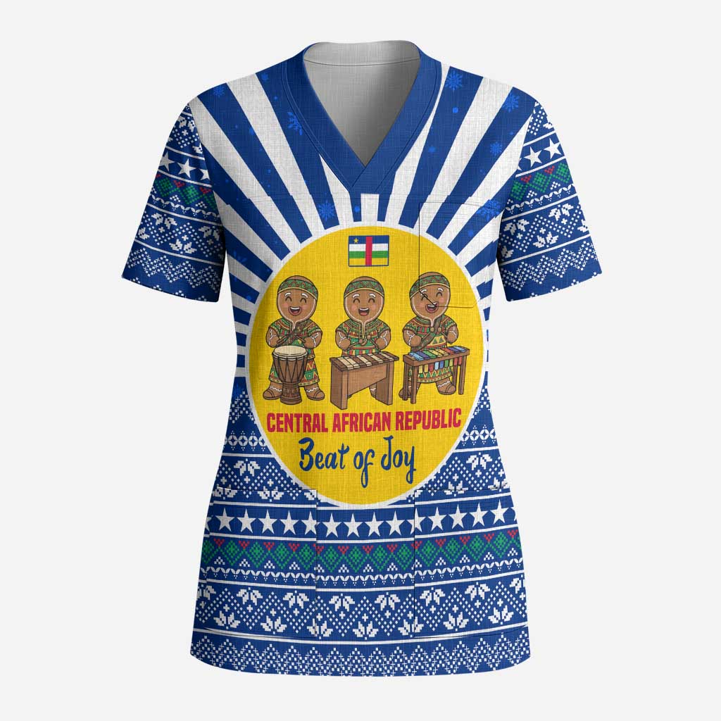 Central African Republic Christmas Scrub Top Drumming Beat of Joy Tribal Pattern and Snowflakes - African Pride