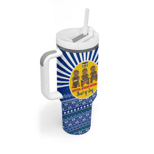 Central African Republic Christmas Tumbler With Handle Drumming Beat of Joy Tribal Pattern and Snowflakes - African Pride