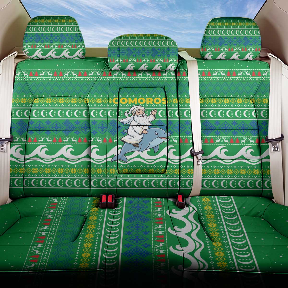 Comoros Christmas Back Car Seat Cover Santa Riding Dolphin Ocean Waves Crescent Moon - African Pride