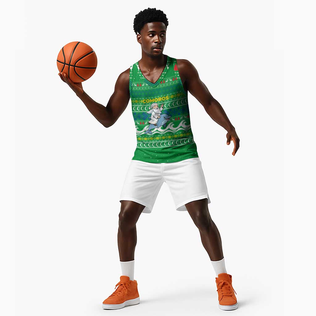 Comoros Christmas Basketball Jersey Santa Riding Dolphin Ocean Waves Crescent Moon - African Pride