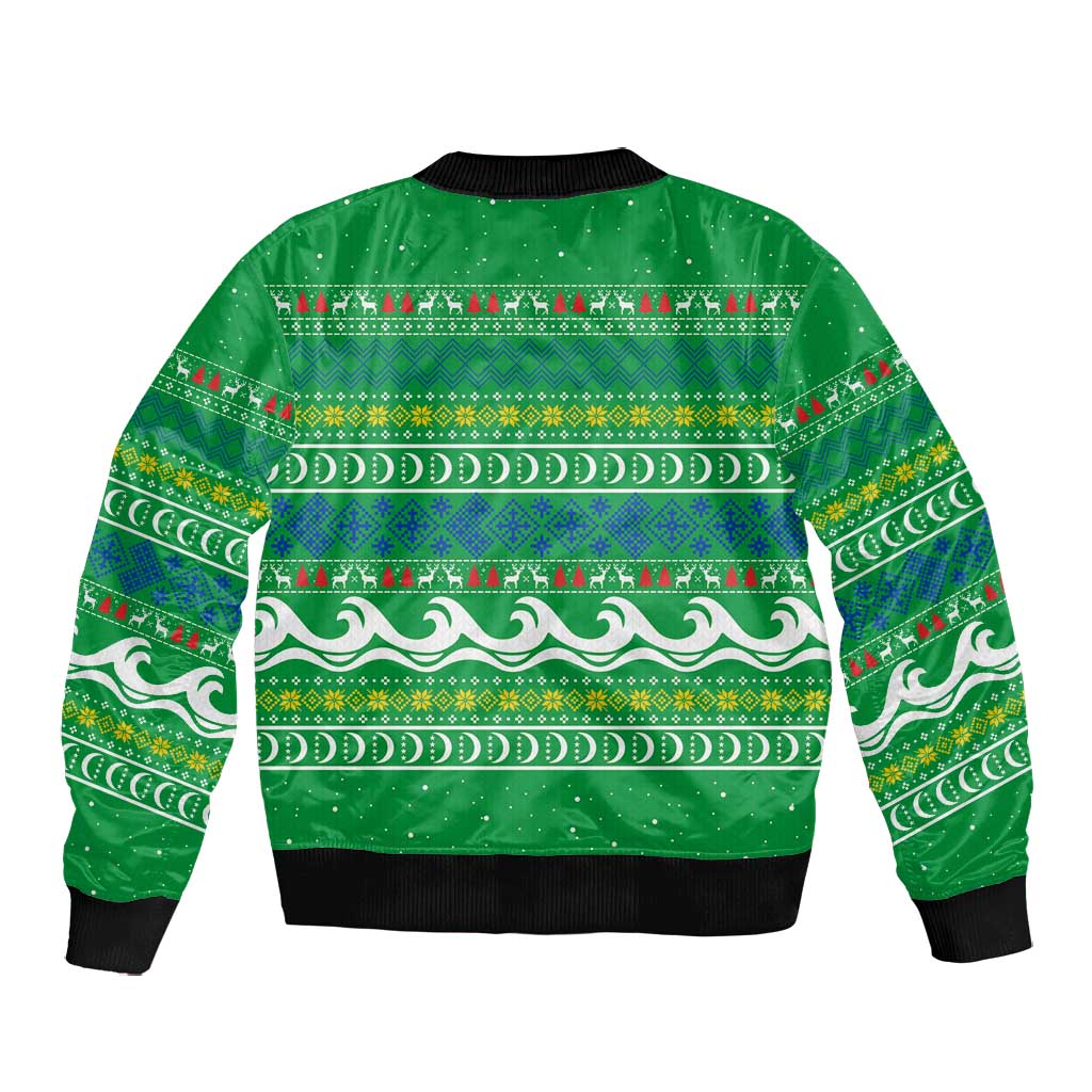 Comoros Christmas Bomber Jacket Santa Riding Dolphin Ocean Waves Crescent Moon - African Pride